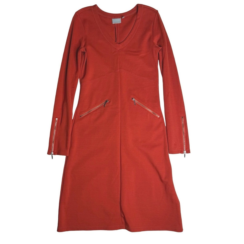 Athleta Zipper‎ Accent Long Sleeve V-Neck Knit Dress Rust Orange Sz Small Tall